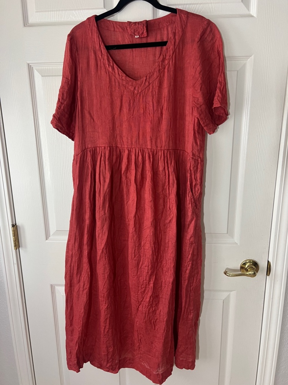 Zyga Linen Lin’n Laundry Vneck Short Sleeve Midi Dress Red, Sz‎ 38